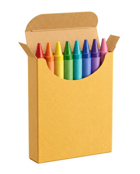 Art studio, yellow box of colorful wax crayons isolated on transparent background. kids drawing stationery supplies object shape cutout. high quality 3d realistic design elements collection.