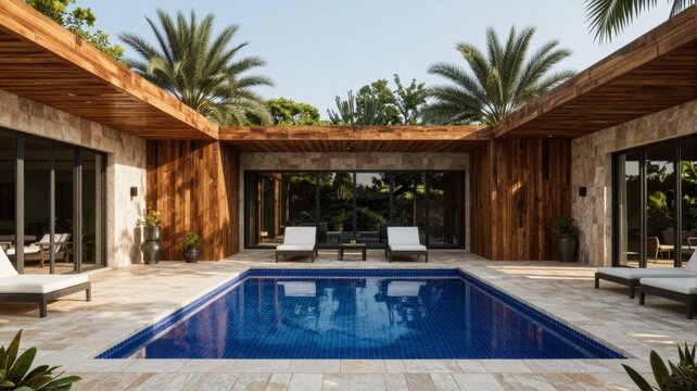 Luxury Resort Villa Courtyard with Swimming Pool and Palm Trees