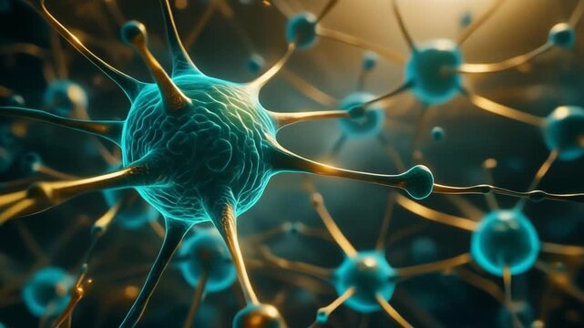 Abstract 3D Render Neuron Microscopic Cell Network with Biological Connections and Scientific Medical Research Background
