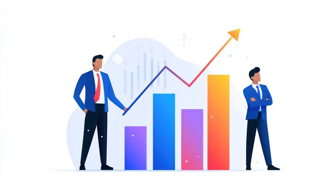 Two men standing in front of a bar graph with an upward trend, one man pointing upwards and the other looking at the graph