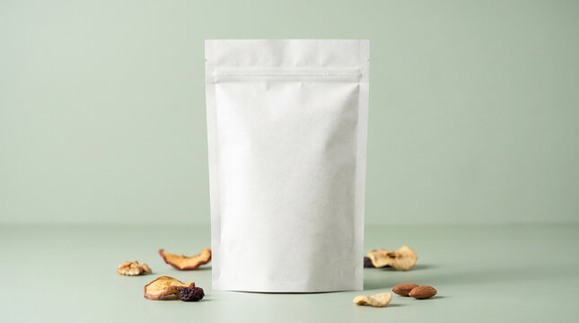 Blank white standup pouch mockup with dried fruits and nuts on green background mockup