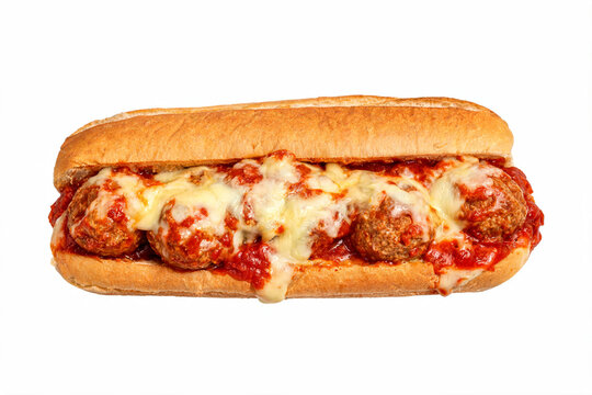 Meatball sub sandwich with marinara sauce and cheese isolated on white background