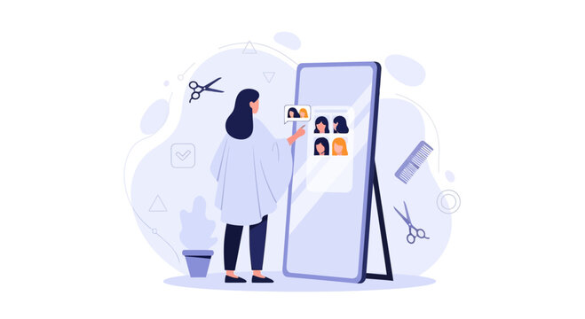 Woman in Hair Salon Choosing Hairstyle from Virtual Mirror with Haircut Icons