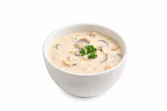 Bowl of creamy clam chowder soup isolated on white background