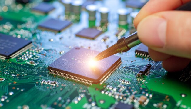 Close-up of a hand soldering a computer chip on a green circuit board with sparks flying