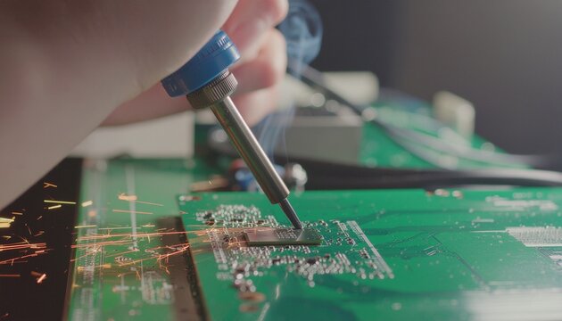 Close-up of a hand soldering a computer circuit board with sparks flying