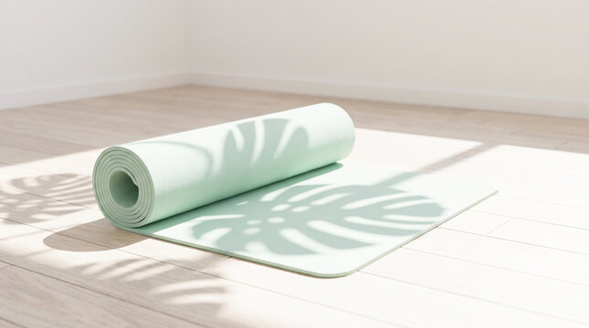 Light green yoga mat on a wooden floor with a monstera leaf shadow mockup
