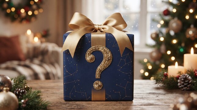 navy blue christmas gift box with golden question mark and ribbon