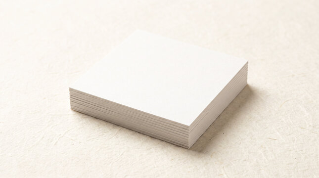 Stack of blank white square business cards on textured paper background mockup
