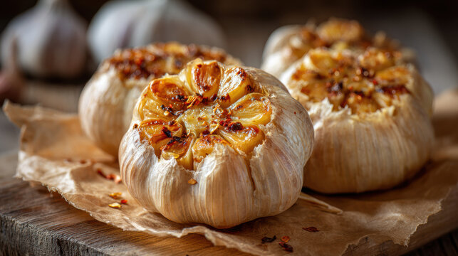 Close-up of roasted garlic bulbs showing crispy golden cloves with rustic farmhouse aesthetic on wooden surface