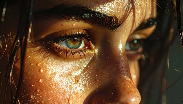Intense Close-Up of a Woman's Face with Water Droplets and Golden Sunlight