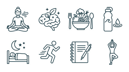 Fototapeta premium Collection of wellness and relaxation icons including meditation running and healthy eating