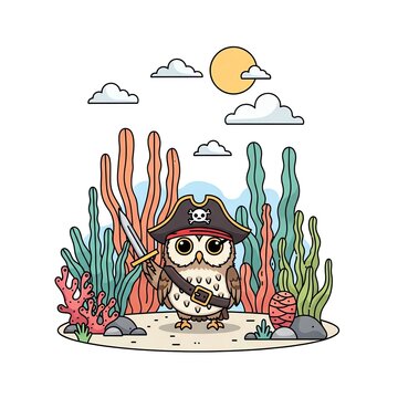 Cute Owl Pirate with Sword in Underwater Coral Reef.