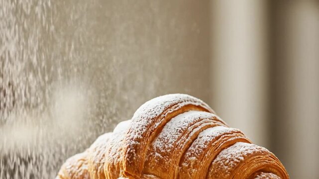 A croissant is dusted with powdered sugar set against a blurred background