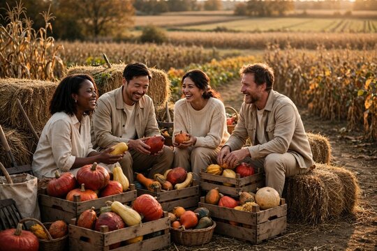 Joyful friends enjoying golden hour in a wheat field