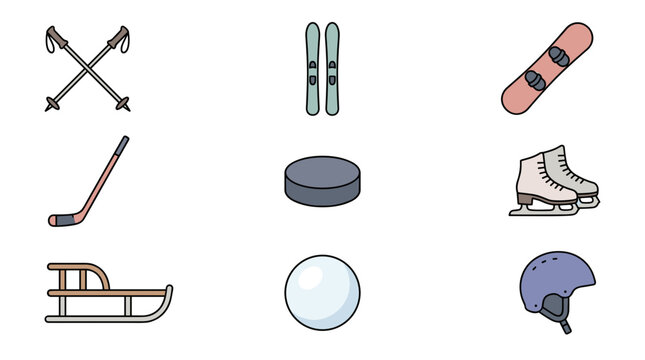 Set of nine flat design winter sport icons including skis, snowboard, skates, sled, hockey stick, puck, helmet, and poles