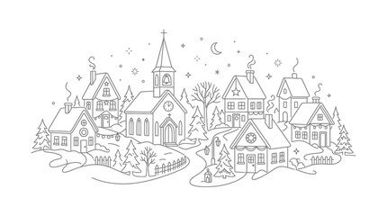 Fototapeta premium Christmas Village Line Drawing Isolated