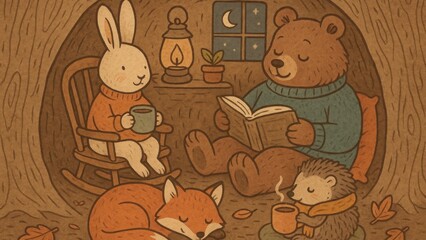Naklejka premium Cozy animals reading together wallpaper for desktop