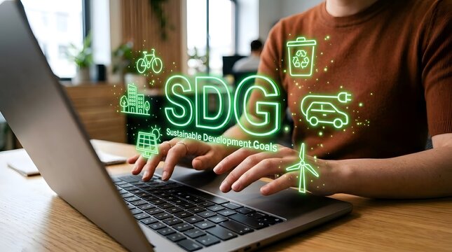 Sustainable Development Goals SDG concept with person working on laptop and green holographic icons