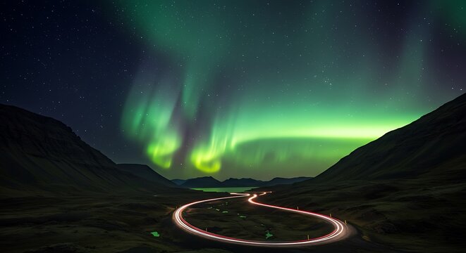 Spectacular Aurora Borealis Lights Up Night Sky Over Winding Road.