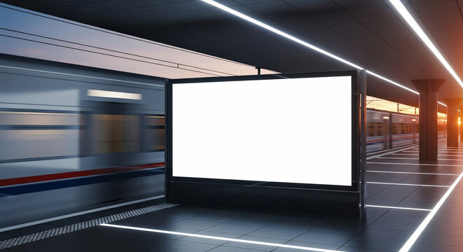 3D Mockup of Blank Billboard in Modern Subway Station with Motion Blurred Fast Train and Futuristic Lighting