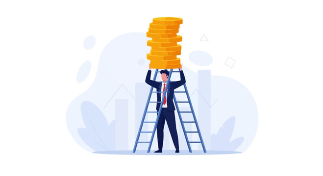 Businessman climbs ladder to stack large pile of gold coins, symbolizing financial success and wealth accumulation.