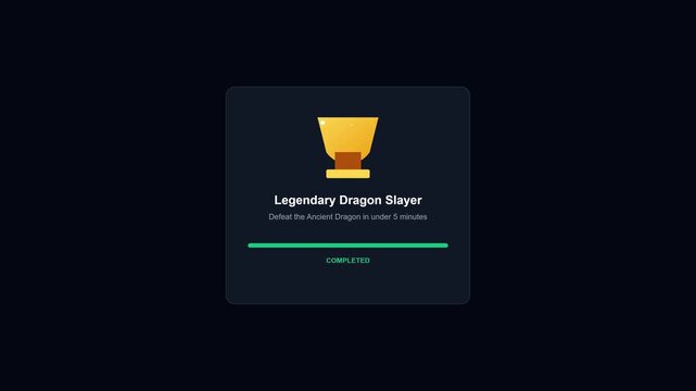 Legendary dragon slayer game achievement notification ui animation with progress bar and gold trophy 4k