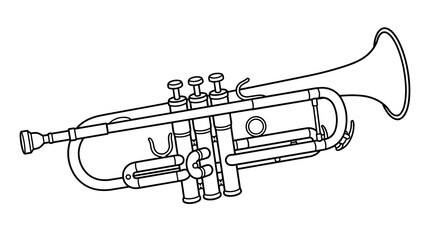 A simple black and white line art illustration of a classic trumpet, isolated on a white background, perfect for music education or design.