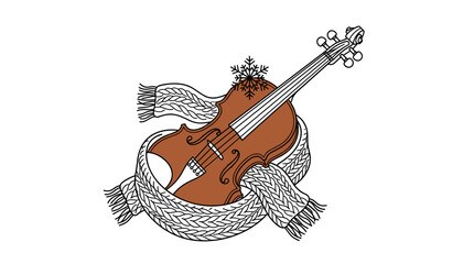 Fototapeta premium Brown violin wrapped in a knitted scarf with a snowflake on top, isolated on white background