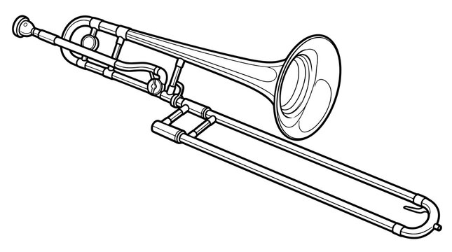 Black and white line art vector illustration of a slide trombone, isolated on a white background.
