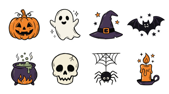 Set of halloween themed icons including pumpkin ghost skull witch bat spider candle