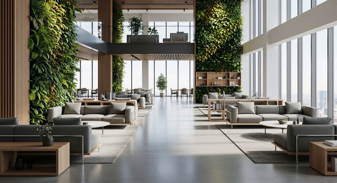 Modern Biophilic Office Interior with Vertical Green Walls and Sustainable Corporate Architecture
