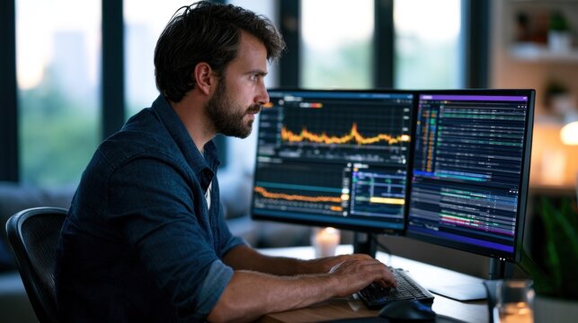 A man working on a computer with multiple monitors, focused on coding or data analysis.