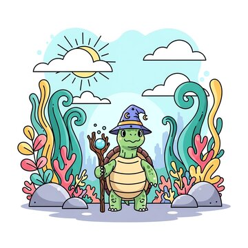 Cute Turtle Wizard in Underwater Fantasy World.