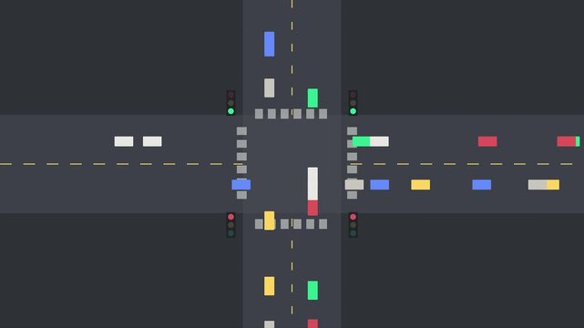 2D Animated Top Down View of City Intersection with Moving Traffic and Stoplights