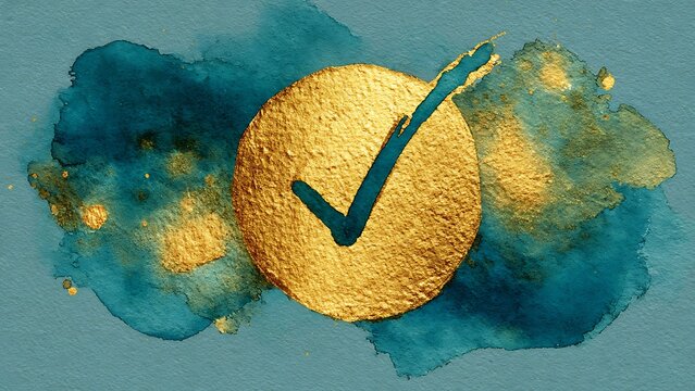Watercolor Checkmark Icon on Gold Circle with Teal Background