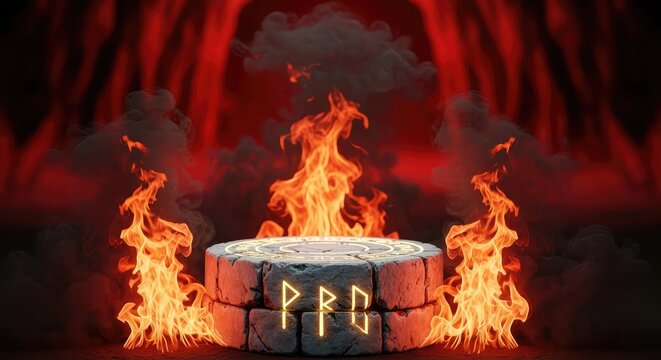 A glowing circular stone pedestal stands amidst swirling orange flames and thick dark smoke in a dramatic and cinematic fantasy setting, arena, orange, round