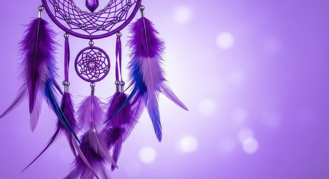 A mystical purple dream catcher featuring intricate webbing and soft feathers hangs gracefully against a glowing violet bokeh background, serenity, bokeh, aura