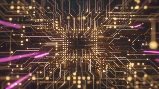 Abstract Digital Circuit Board with Glowing CPU and Pulsing Data Flow, Futuristic Technology Background with Neon Light Streaks