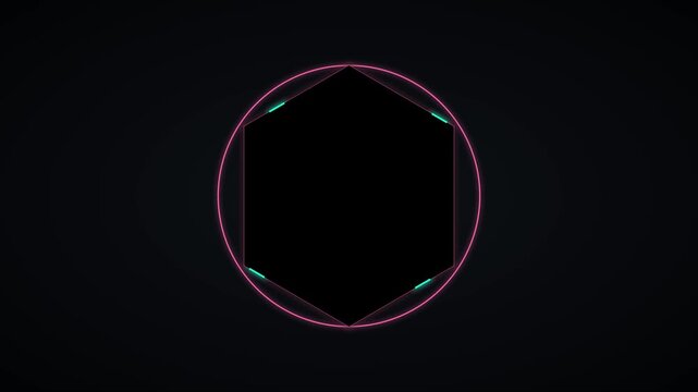 Neon hexagon hud interface with glowing pink circle and cyan data markers for futuristic technology and digital motion projects animation 4k