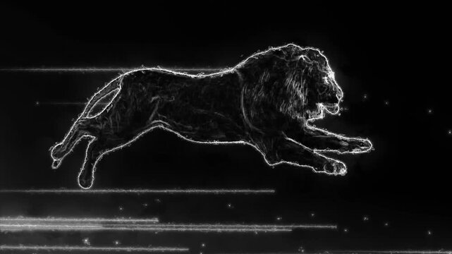 Black and white lion runs with glowing electric outlines and light streaks.