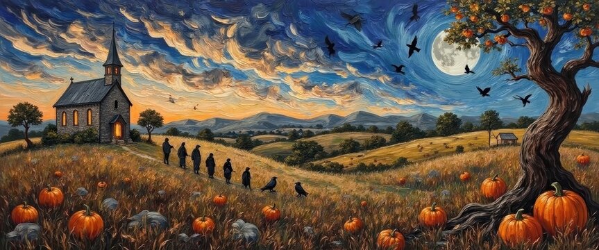 Dramatic Halloween Night Scene with Pumpkin Field and Spooky Sky