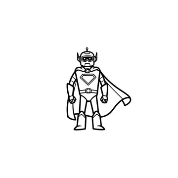 Futuristic robot superhero with a flowing cape and chest emblem, concept for artificial intelligence protection, ideal for children coloring book pages, mascot design and tech branding