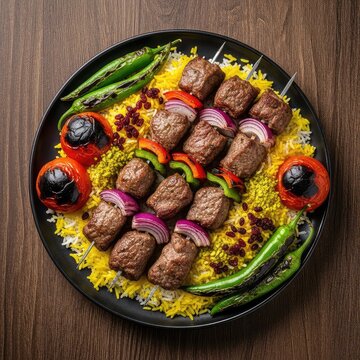 Top view of grilled meat skewers with yellow saffron rice, grilled tomatoes, and green peppers served on a dark brown rustic table surface, appetizer, gourmet, charcoal