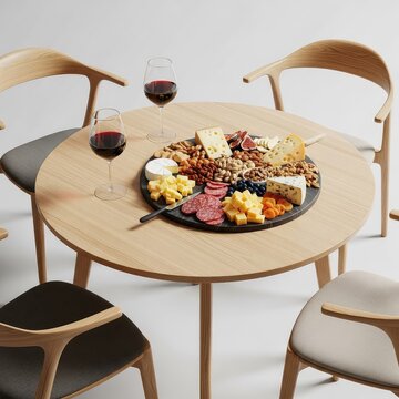 Una mesa redonda de madera rodeada por tres sillas modernas, con una tabla de quesos, salame, frutos secos y dos copas llenas de vino tinto, suave, textura, brunch
