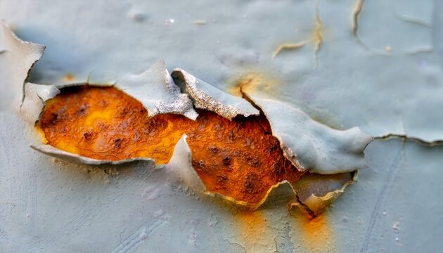 Extreme close-up of rust spreading across painted metal, cracked paint layers revealing orange corrosion underneath, peeling edges, irregular oxidation patterns.