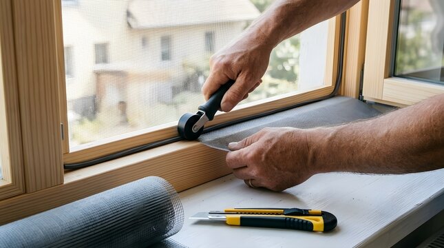 Man installing mosquito net on wooden window frame using spline roller and utility knife at home