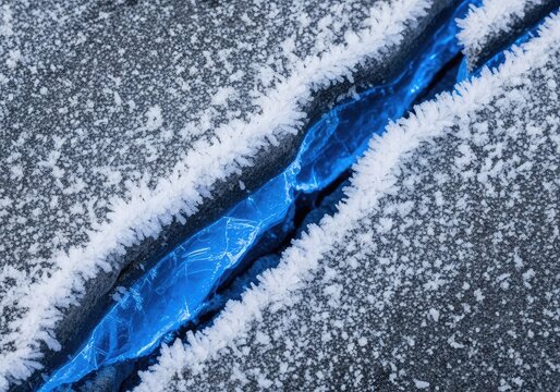 A macro shot of a frozen grey stone surface featuring deep fissures filled with glowing blue light and delicate crystalline white frost, white, macro, cooling