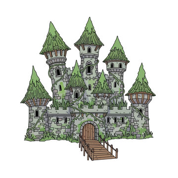 Medieval Castle Illustration with Green Roofs and Stone Walls.