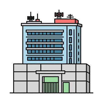 Modern office building with multiple floors and antennas.